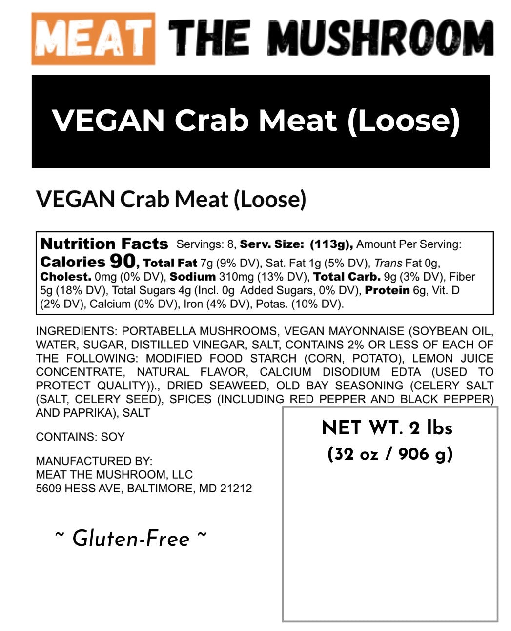 VEGAN Crab Meat (Loose) - 2lb (32oz) Pack | Gluten-Free | Mushroom-Based, Deliciously Plant-Powered